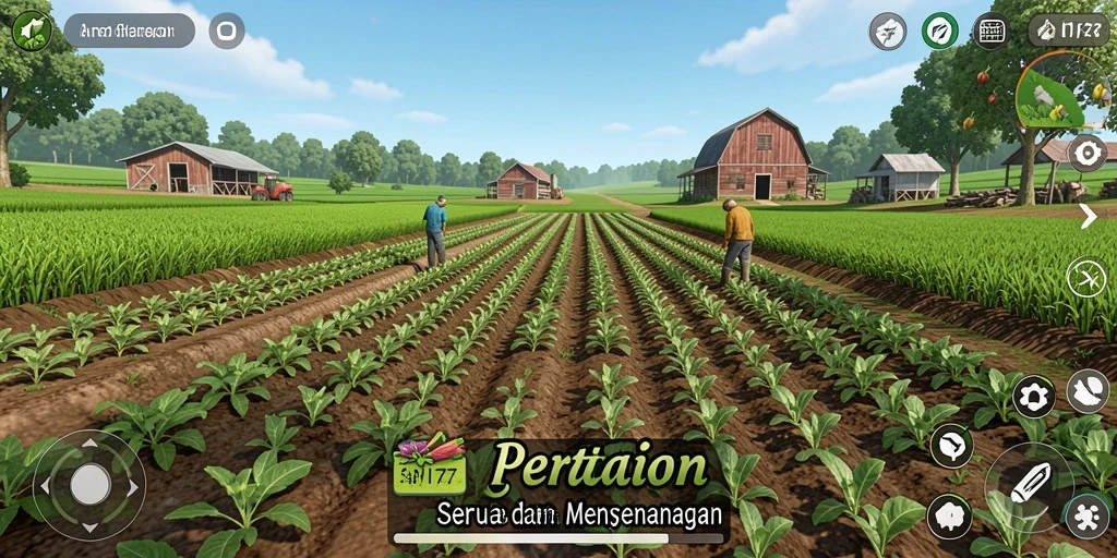 Screenshot gameplay menunjukkan petani menanam tanaman dengan latar belakang ladang yang luas.