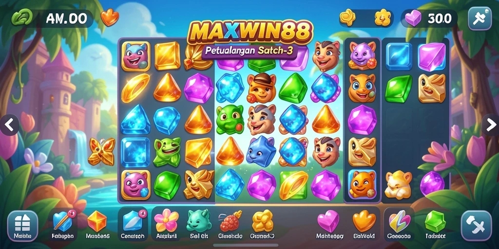 Screenshot gameplay MAXWIN88 menampilkan aksi Match-3 yang seru dan penuh warna.