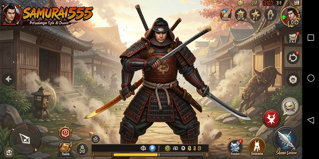Tangkapan layar gameplay SAMURAI555 menampilkan aksi pertarungan yang mendebarkan.