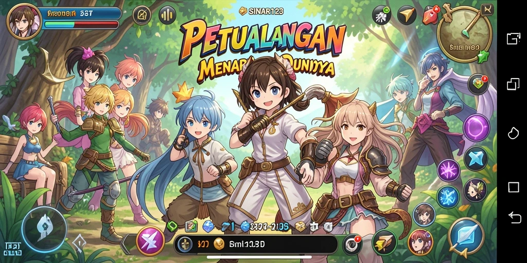 Screenshot utama SINAR123 menampilkan karakter anime dalam pertempuran yang dinamis.